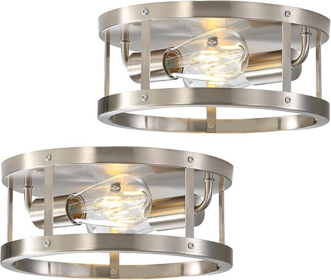 2-Light Industrial Flush Mount Ceiling Light Fixture, Brushed Nickel Farmhouse by Sewterolyn