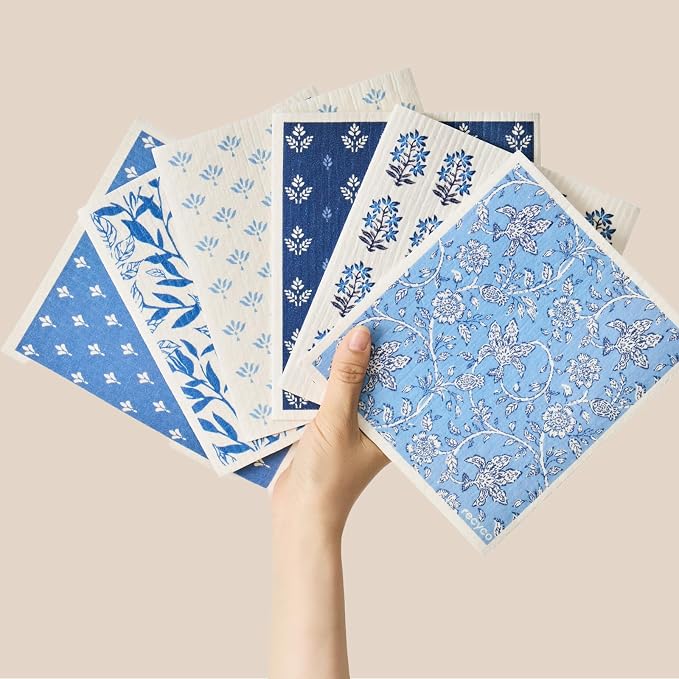 RECYCO Swedish Dishcloths for Kitchen | 6 Pack Heritage Florals Blue Washable by RECYCOHOMECOLLECTION