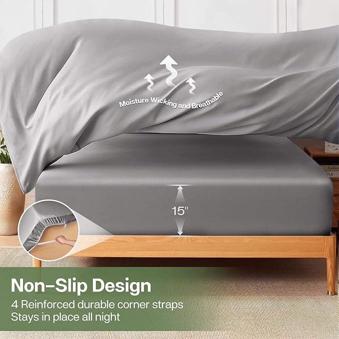 MR&HM Twin XL Fitted Sheet Only, Ultra-Soft Rayon Derived from Bamboo & Polyester Blend, Silky & Breathable, 15" Deep Pocket with Elastic Straps, Cooling Fitted Sheet for Hot Sleepers, Silver Grey