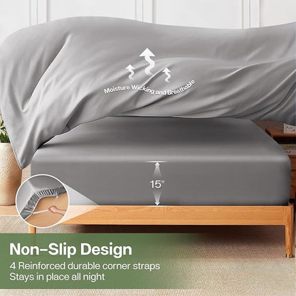 MR&HM Twin XL Fitted Sheet Only, Ultra-Soft Rayon Derived from Bamboo & Polyester Blend, Silky & Breathable, 15" Deep Pocket with Elastic Straps, Cooling Fitted Sheet for Hot Sleepers, Silver Grey
