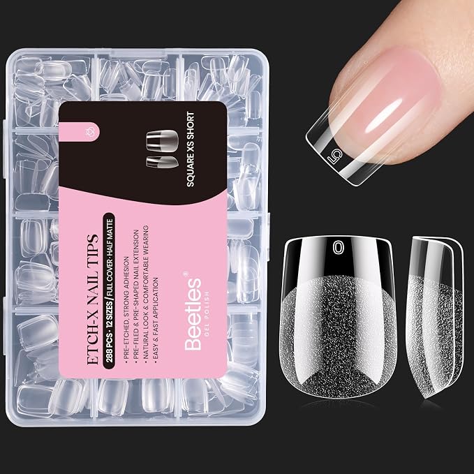 Beetles Gel Nail Tips 288Pcs Extra Short Square Etch-X Fake Nails Half Matte by beetlesGelPolish