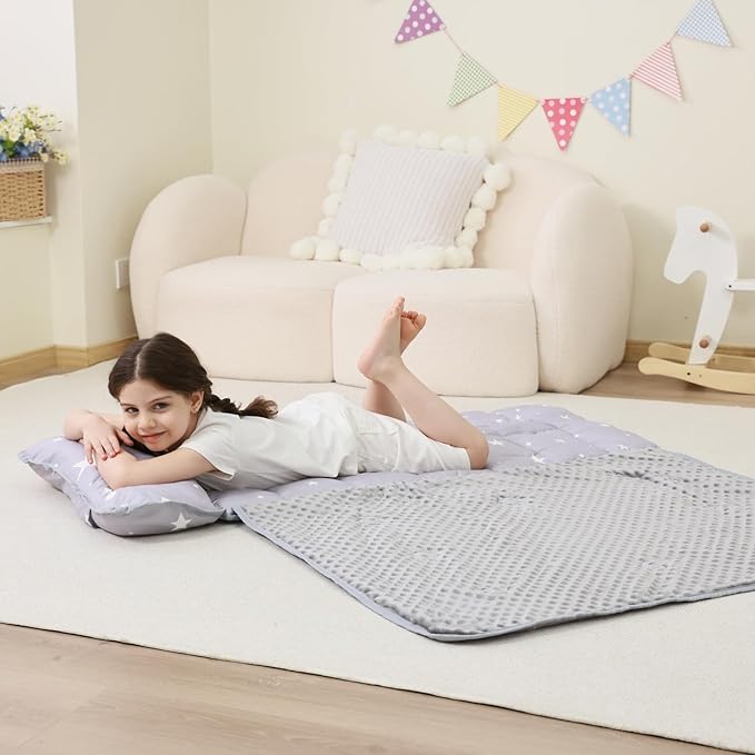 Toddler Nap Mat with Pillow and Blanket, Extra Large Rolled Napping Mats,Slumber Bags for Boys Girls,Kids Sleeping Bag for Daycare, Preschool Travel Camping