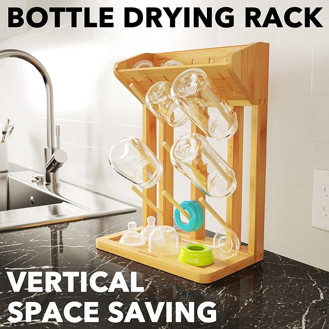 SpaceAid Bamboo Baby Bottle Drying Rack, Space Saving Kitchen Bottles Holder - Image 2