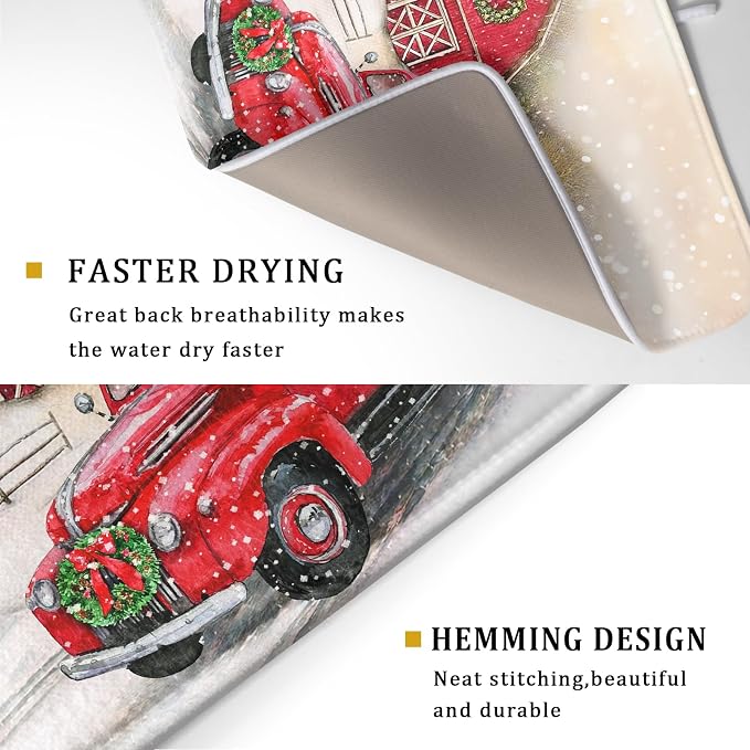 Red Truck Dish Drying Mat Xmas Tree Dish Drainer Rack Mat Winter Microfiber - Image 3