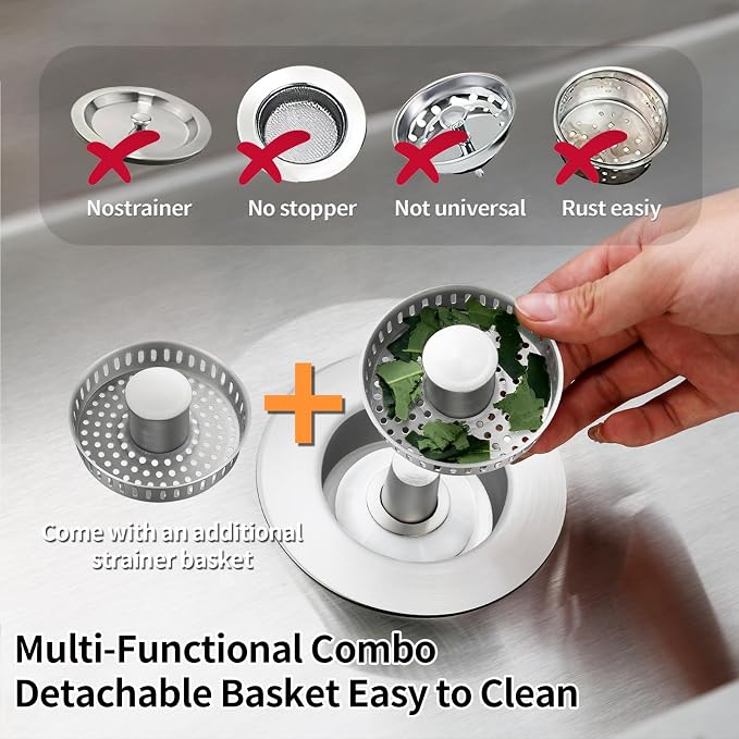 Sink Drain Strainer, Stainless Steel 3-in-1 Pop-up Sink Stopper - Image 3