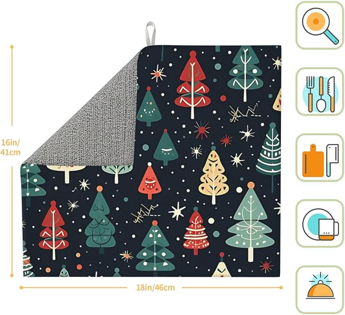 Cute Christmas trees Dish Drying Mat 16x18 inches Microfiber Absorbent Fast Dry - Image 2