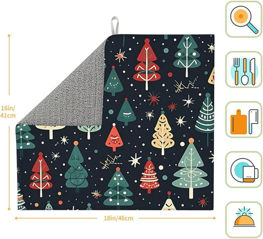 Cute Christmas trees Dish Drying Mat 16x18 inches Microfiber Absorbent Fast Dry - Image 2
