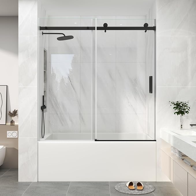 KPUY Frameless Sliding Bathtub Door, 55-60" W x 60" H Tub Shower Door, 1/4" by KPUY