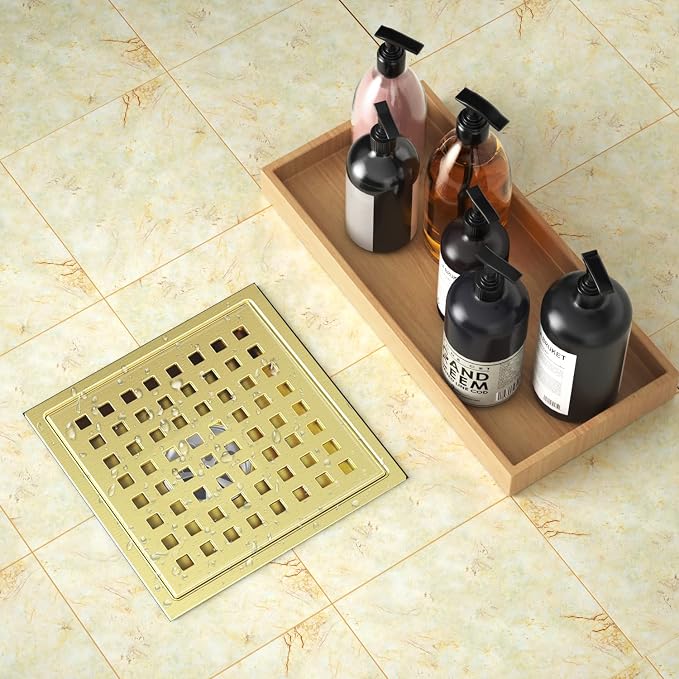 Shower Drain Brushed Gold 6 Inch, Square Floor Drain, Stainless Steel Drain Kit - Image 5