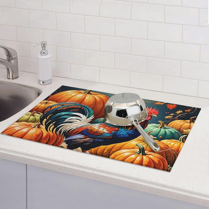 Rooster Pumpkin Dish Drying Mat Highly Absorbent Double-Sided Microfiber - Image 3
