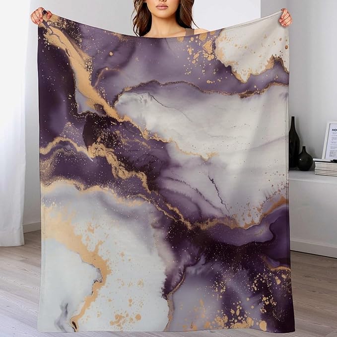 Modern Marble Blanket, Abstract Luxury Baroque Golden Purple White Stone Veins Pattern Soft Warm Cozy Plush Flannel Covers for Livingroom Bedroom Couch Chair Camping Travel Home Decor Tapestry 30x40in