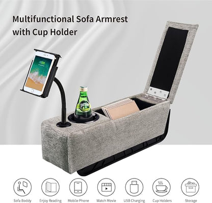 Multifunctional Sofa Armrest, Couch Armrest with Wireless Charge Stand, Removable Couch Caddy with Storage,Including LED Reading Light,Pewter