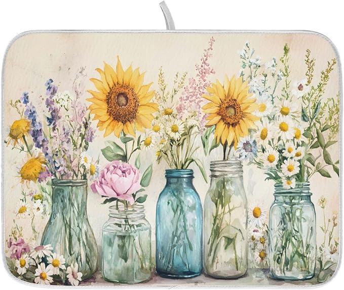 Spring Summer Floral Jars Flowers Dish Drying Mat by ALAZA