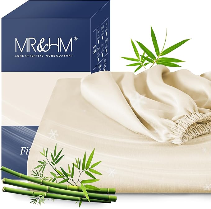 MR&HM Twin XL Fitted Sheet Only, Ultra-Soft Rayon Derived from Bamboo & Polyester Blend, Silky & Breathable, 15" Deep Pocket with Elastic Straps, Cooling Fitted Sheet for Hot Sleepers, Cream