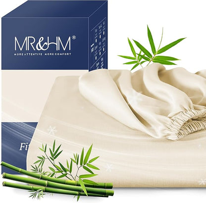 MR&HM Twin XL Fitted Sheet Only, Ultra-Soft Rayon Derived from Bamboo & Polyester Blend, Silky & Breathable, 15" Deep Pocket with Elastic Straps, Cooling Fitted Sheet for Hot Sleepers, Cream