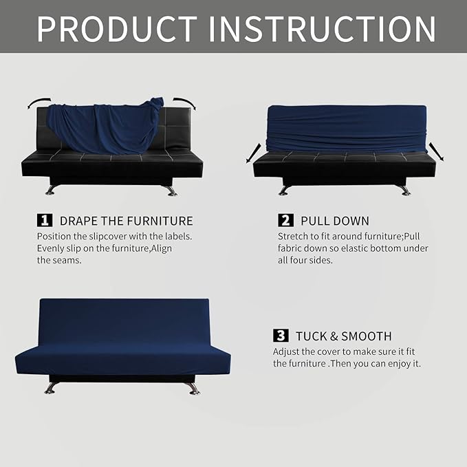 Easy-Going Stretch Futon Slipcover Armless Futon Bed Cover Furniture Protector Without Armrests with Elastic Bottom for Kids, Soft Jacquard Fabric Small Checks (Large, Navy)