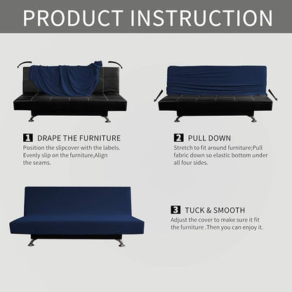 Easy-Going Stretch Futon Slipcover Armless Futon Bed Cover Furniture Protector Without Armrests with Elastic Bottom for Kids, Soft Jacquard Fabric Small Checks (Large, Navy)
