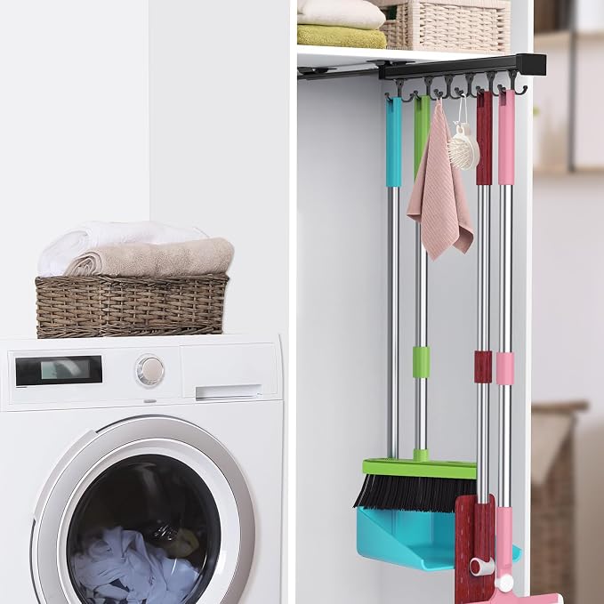 Pull Out Broom Holder With Adjustable Double Row Sliding Hook, by DegMongee