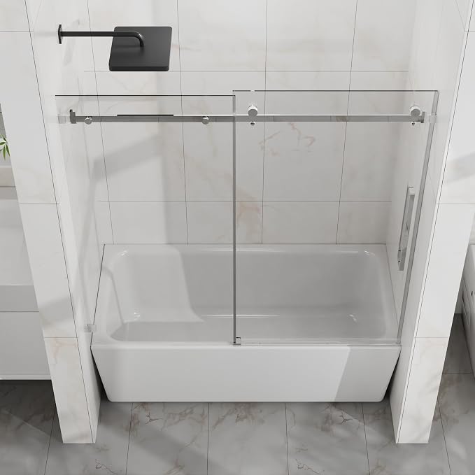 Frameless Sliding Bathtub Door 60" W x 58" H, 1/4" Clear Tempered Glass - Image 2