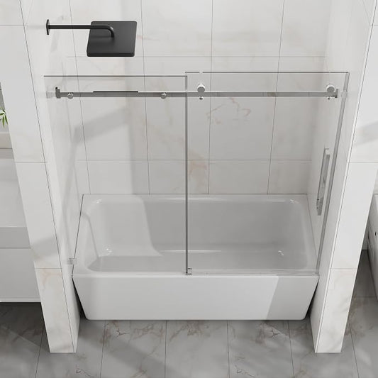 Frameless Sliding Bathtub Door 60" W x 58" H, 1/4" Clear Tempered Glass - Image 2
