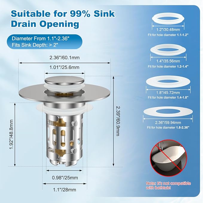 Hibbent Universal Bathroom Sink Drain Strainer, Upgraded 3 in 1 Pop Up Stopper - Image 8