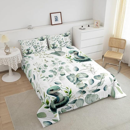 Erosebridal Cute Snake Full Size Comforter Set for Kids Child Green Eucalyptus Bedding Set, Wild Animal Down Comforter Botanical Plant Leaves Bed Set, Cartoon Wildlife Quilted Duvet