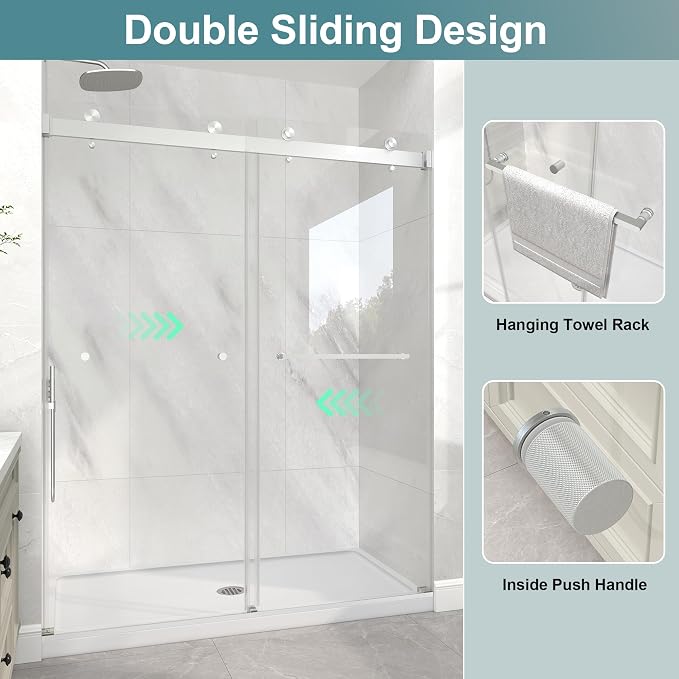KPUY Frameless Shower Door, 43-48" W x 76" H Double Sliding Glass Shower Door - Image 5