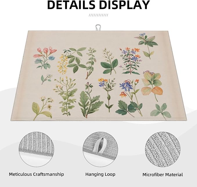 Vintage Plants Herbs Floral Dish Drying Mat Highly Absorbent Double-Sided - Image 5