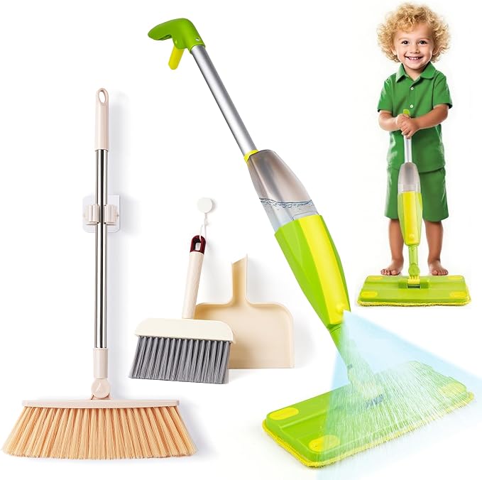 Kids Spray Mop, Toddler Mop Cleaning Set, Real Working Mini Mop & Kids Broom by Lullulii