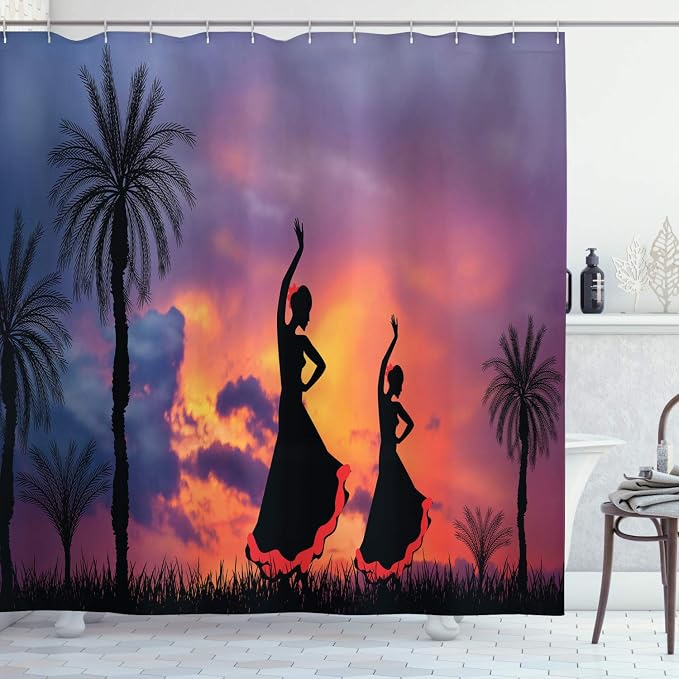 Ambesonne Spanish Shower Curtain, Silhouette of 2 Girls Dancing Flamenco by Ambesonne