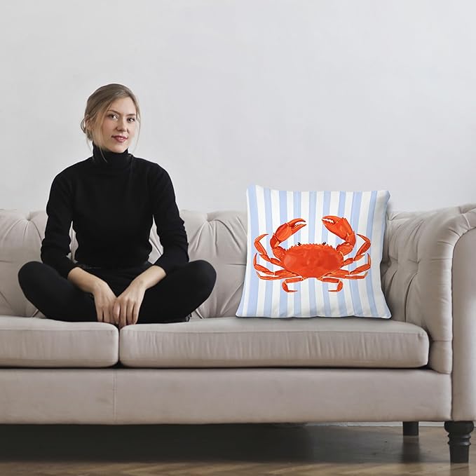 Coastal Red Crab Pillow Covers 18x18, Blue and White Striped Coastal Nautical Crab Throw Pillow Covers for Bedroom Beach House Home, Preppy Beach Room Decor