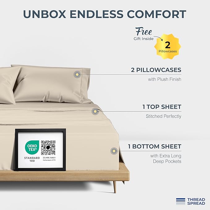 THREAD SPREAD 100% Egyptian Cotton Sheets Queen Size - 1500 Thread Count 4 PC Queen Sheet Set Egyptian Cotton, Sateen Weave Luxury Sheets Queen Size, High Thread Count Sheets, 17" Deep Pocket - Beige