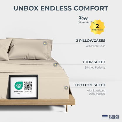 THREAD SPREAD 100% Egyptian Cotton Sheets Queen Size - 1500 Thread Count 4 PC Queen Sheet Set Egyptian Cotton, Sateen Weave Luxury Sheets Queen Size, High Thread Count Sheets, 17" Deep Pocket - Beige