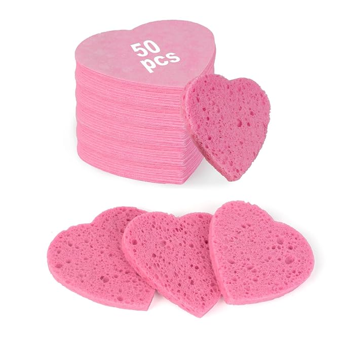 50-Count Heart Shape Compressed Facial Sponges, 100% Natural Cellulose Face by HUAXINBIOTECHNOLOGY