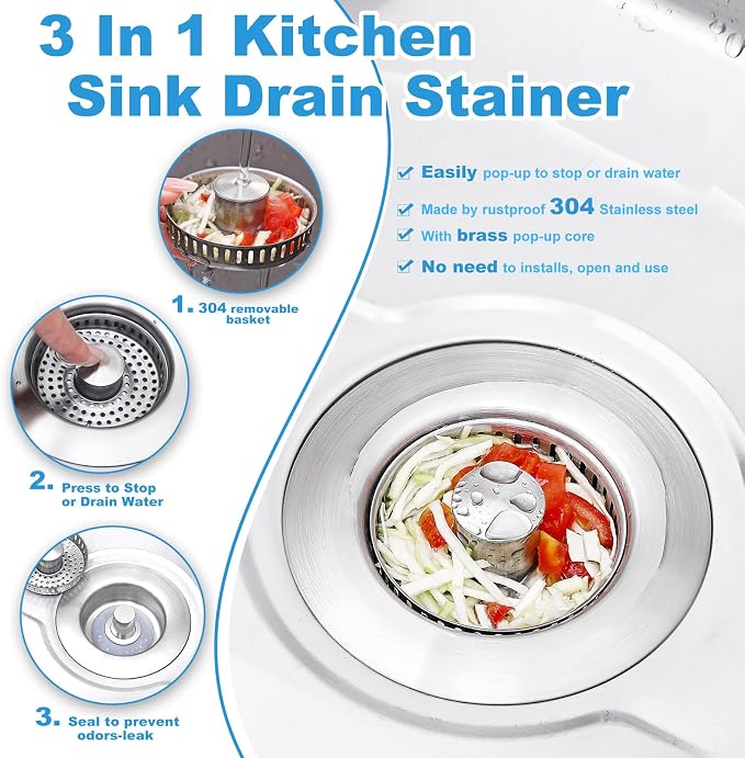 3-in-1 Kitchen Sink Drain Strainer & Stopper - Image 2
