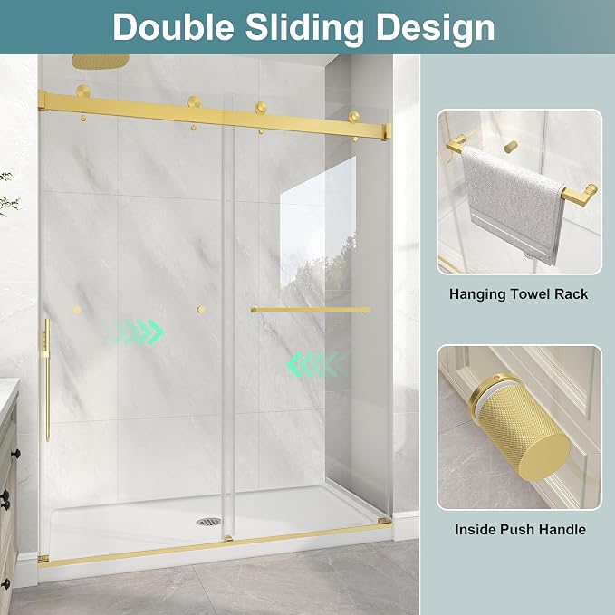 KPUY Frameless Shower Door, 49-54" W x 76" H Double Sliding Glass Shower Door - Image 5