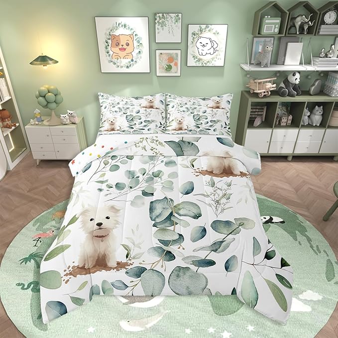 Erosebridal Cute Dog Full Size Comforter Set for Kids Child Green Eucalyptus Bedding Set, Pet Animal Down Comforter Botanical Plant Leaves Bed Set, Cartoon Pug Puppy Quilted Duvet