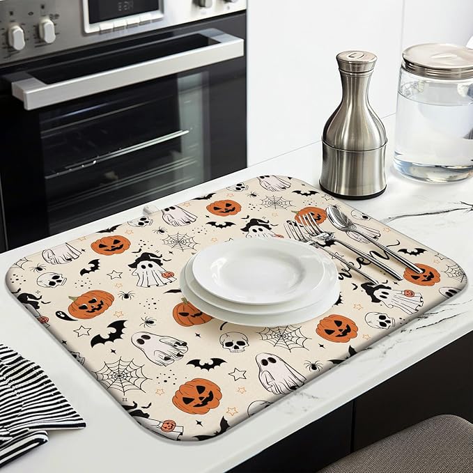 Halloween Dish Drying Mat for Kitchen Counter, Horror Halloween Pumpkin Skull - Image 3
