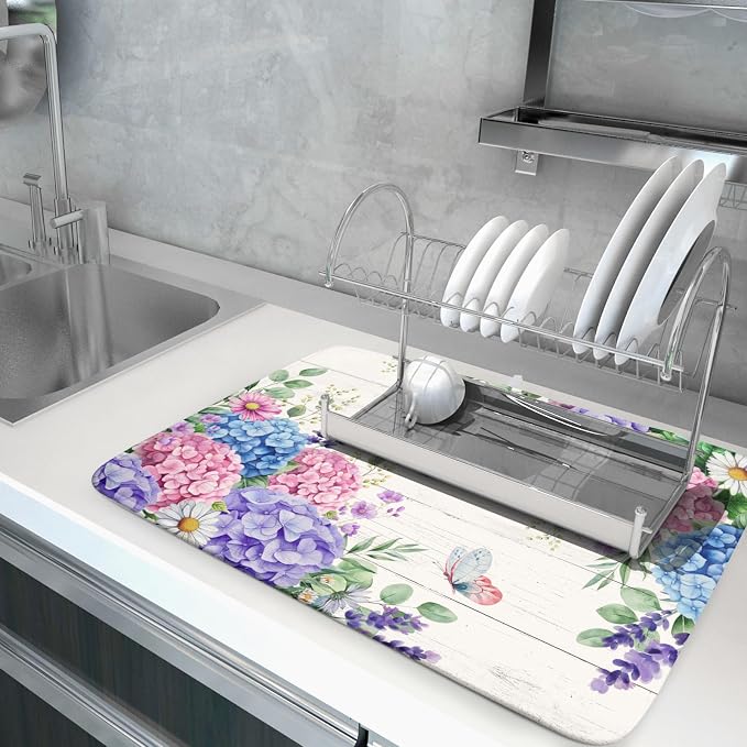 Hydrangea Floral Dish Drying Mat 18x24 inch Spring Summer Decorative Fast Dry - Image 5