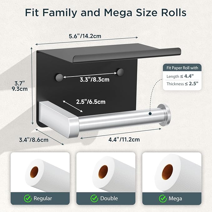 Toilet Paper Holder with Shelf, Adhesive or Screw Wall Mount Toilet Paper Roll - Image 5