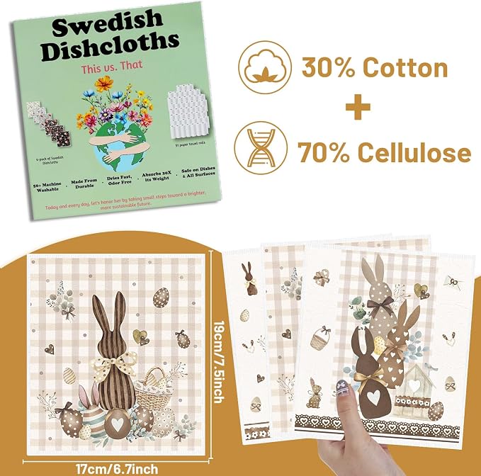 Easter Swedish Dishcloths for Kitchen, 6 Pack Rustic Bunny Reusable Dish Paper - Image 2