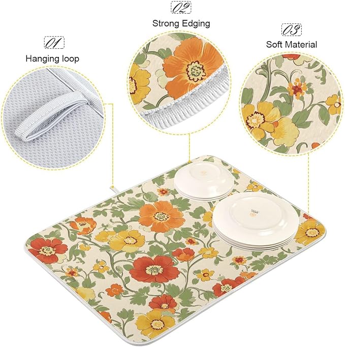 Retro Yellow Orange Flowers Dish Drying Mat - Image 4