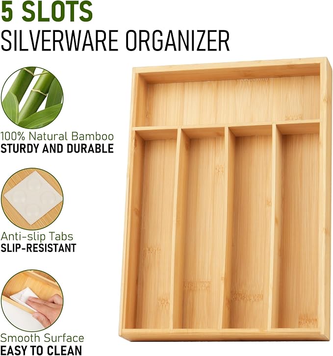 LotFancy Bamboo Kitchen Drawer Organizer, 9.5 Inch Silverware Tray - Image 3