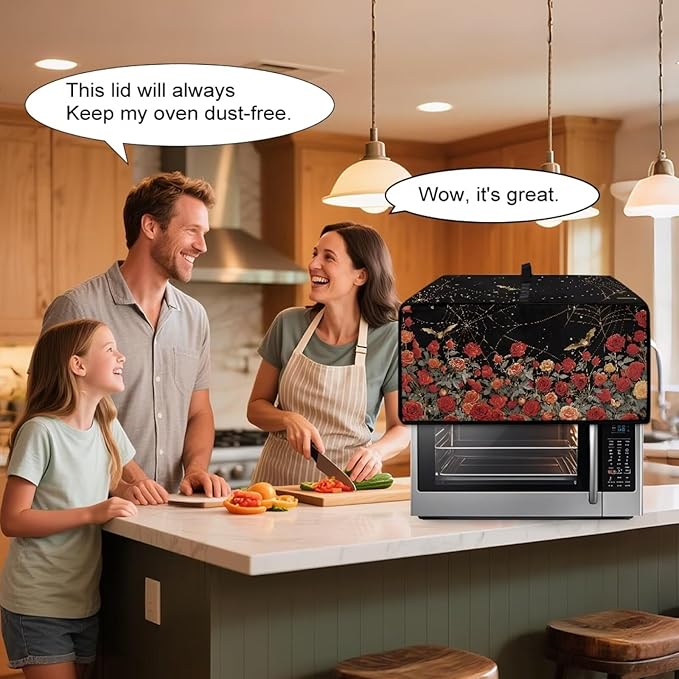 Red Rose Bat Cobweb Print Microwave Oven Dust Cover Polyester-Linen Fabric Dust Cover for Microwave Oven Universal Dust-Proof Kitchen Appliance Protector Fits Most Microwaves, L