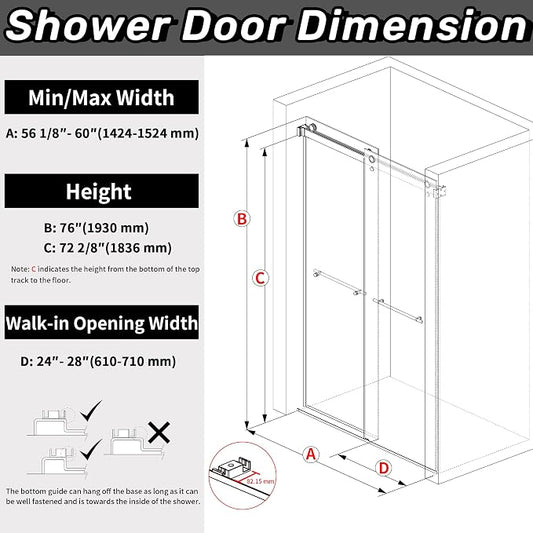 Sunrosa Frameless Double Sliding Shower Door 56 1/8-60" W x 76" H, 5/16" Thick - Image 2