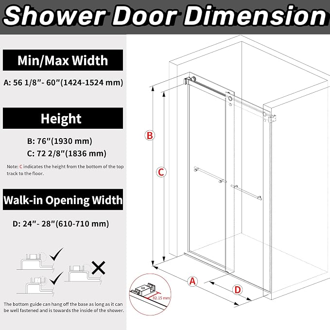 Sunrosa Frameless Double Sliding Shower Door 56 1/8-60" W x 76" H, 5/16" Thick - Image 2