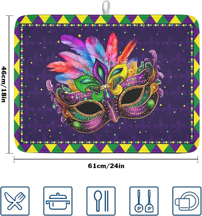 Mardi Gras Dish Drying Mat for Kitchen Counter Masquerade Mask Feather Drying - Image 2