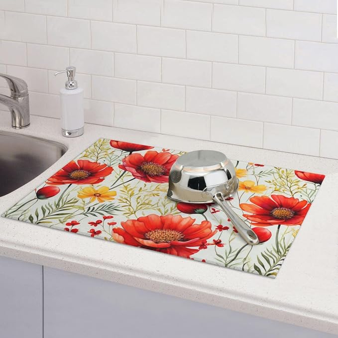 Watercolor Poppy Flower Dish Drying Mat - Image 7