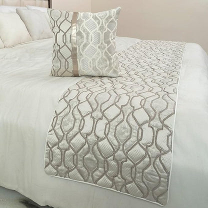 The HomeCentric King/Queen/Twin Ivory & Silver Decorative CA King 86"x18" Bed Runner with 2 Pillow Cover, Lattice & Quilted Bed Scarf on Jacquard Silk Fabric - Ivory Delicacy