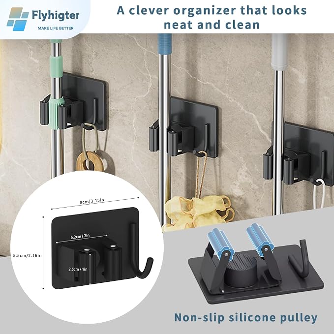 Stainless Steel Mop Holder Wall Mount – 4 Pack Heavy-Duty Broom Organizer - Image 2